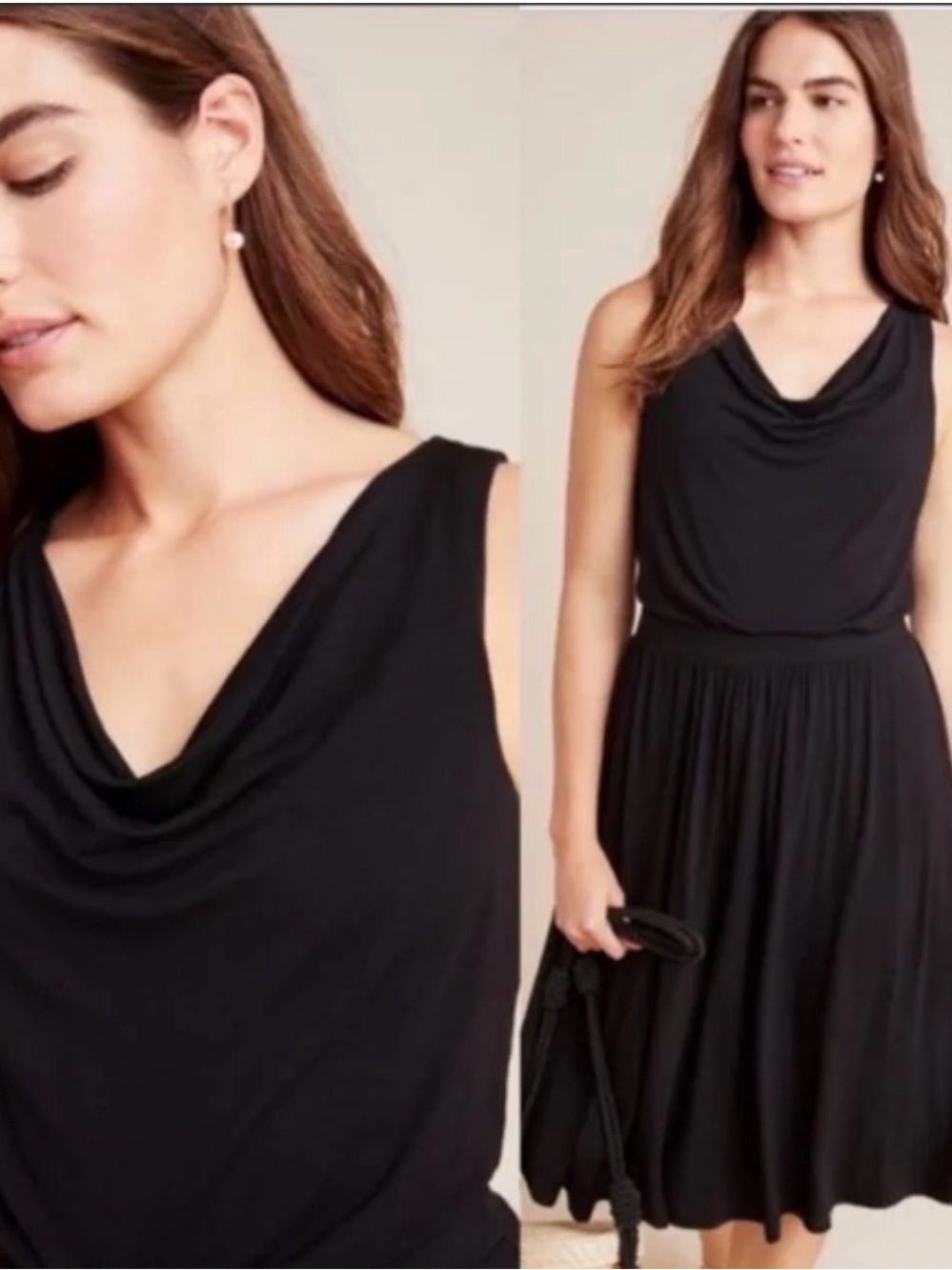 Anthropologie Maeve Brianne Womens Black Draped Cowl Neck Sleeveless Dress Sz L